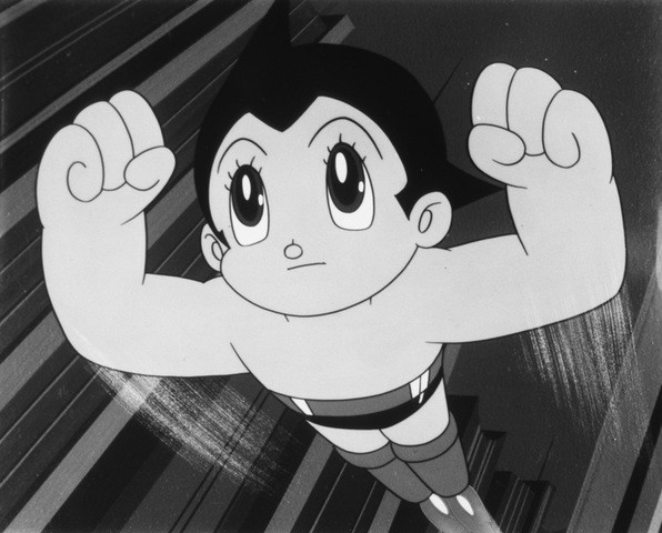 Кадр из черно-белого аниме-сериала «Могучий атом».